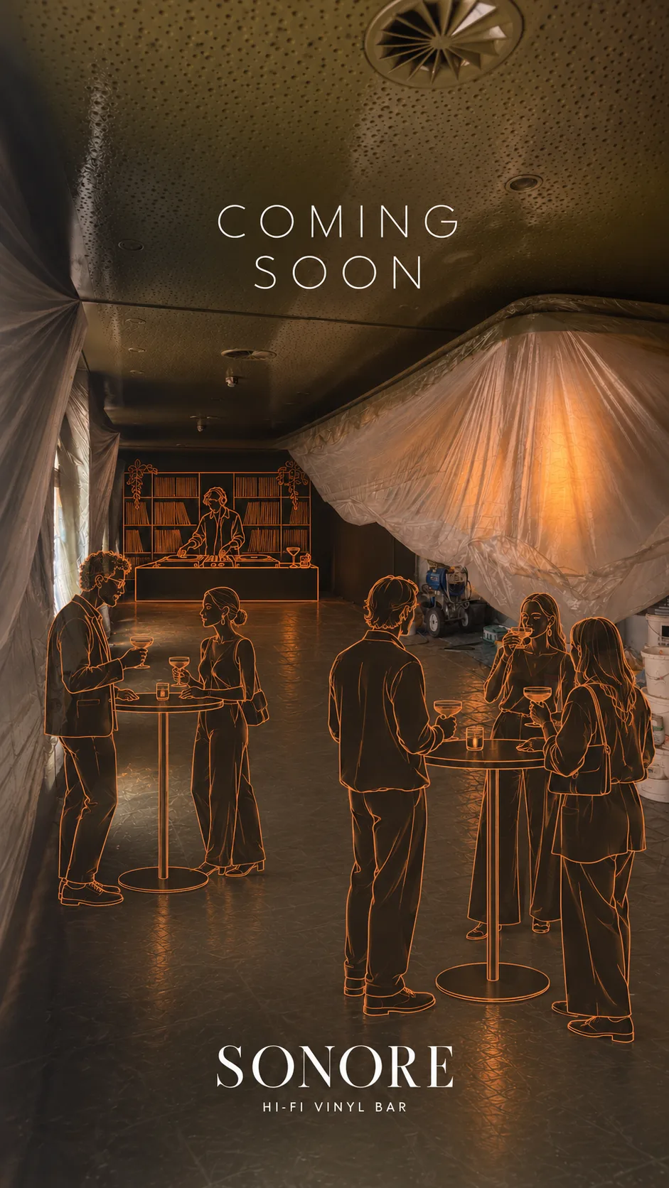 Plakat «Coming Soon»: der Raum im Umbau mit Folien, darüber kupferfarbene Linienzeichnungen von Gästen an Stehtischen und einem Selector vor dem Plattenregal.