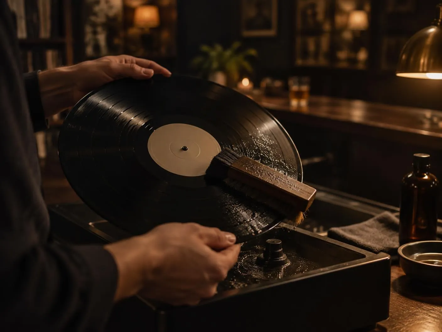 Hands hold a wet record over a record cleaning machine, a brush sweeps through the grooves.